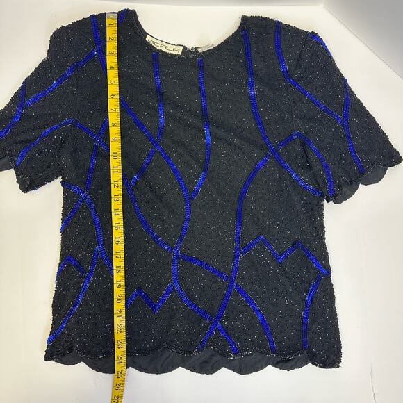 Vintage Scala Black and Blue Sequin Beaded Silk Top 
– Size XL - Picture 6 of 7